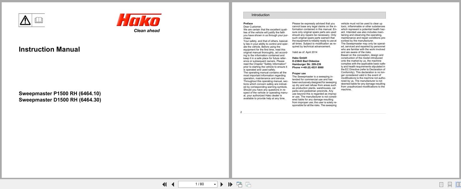 Hako Sweepmaster P1500RH D1500RH Instruction Manual 88 10 2900 3100 11 (1)