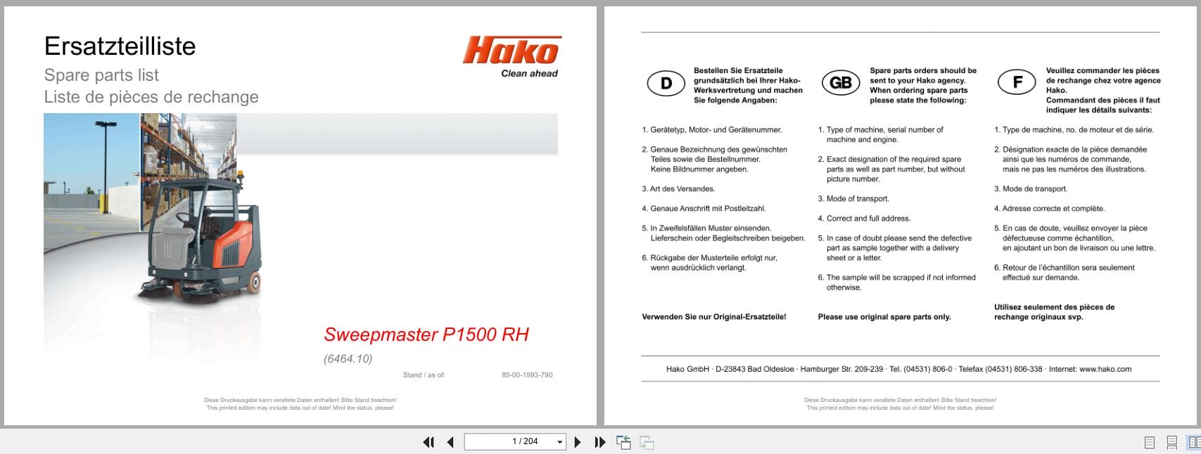 Hako Sweepmaster P1500RH Spare Parts List 85 00 1993 790 DE EN FR (1)
