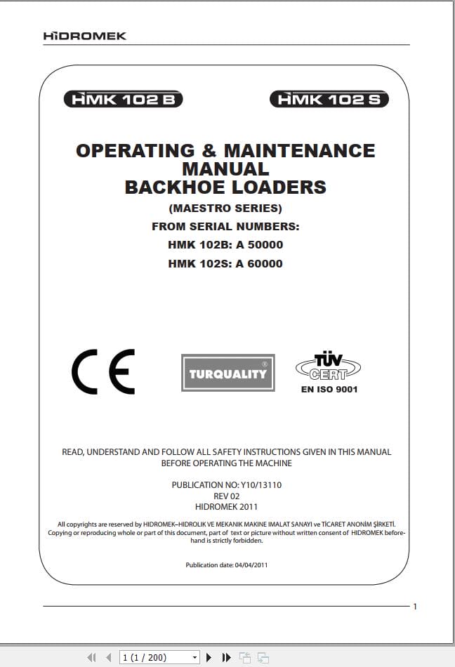 Hidromek Backhoe Loader HMK 102B 102S Operation Maintenance Manual EN (1)