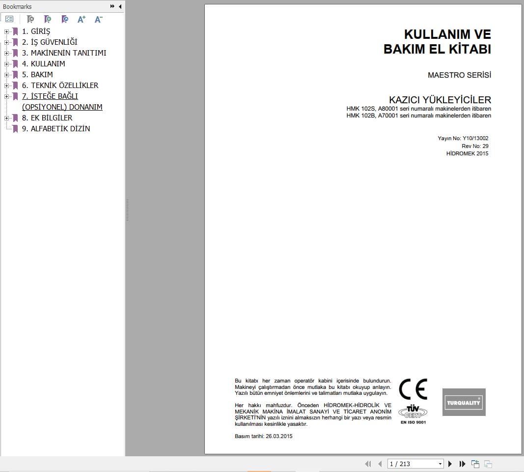 Hidromek Backhoe Loader HMK 102B 102S Operation Maintenance Manual TR (1)