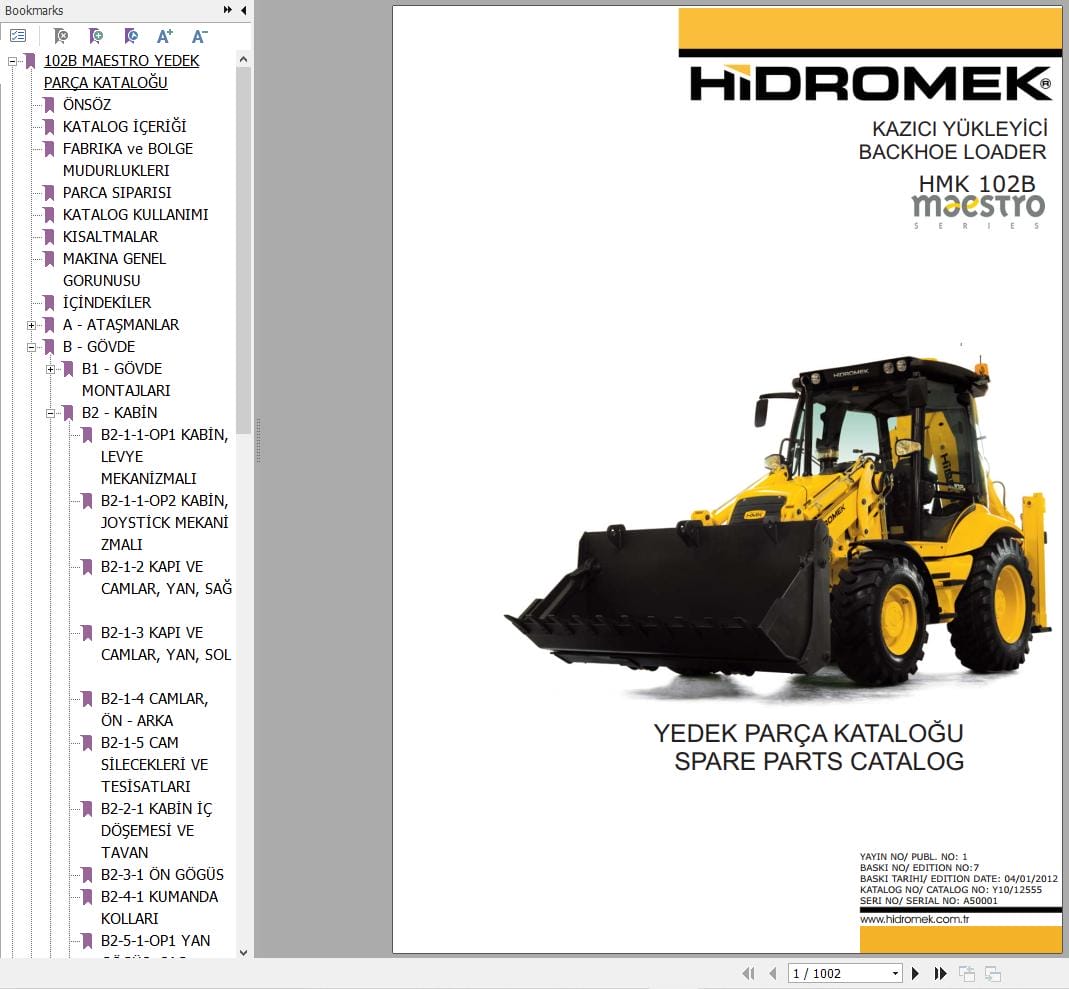 Hidromek Backhoe Loader HMK 102B MAESTRO Parts Catalog 2012 EN TR (1)
