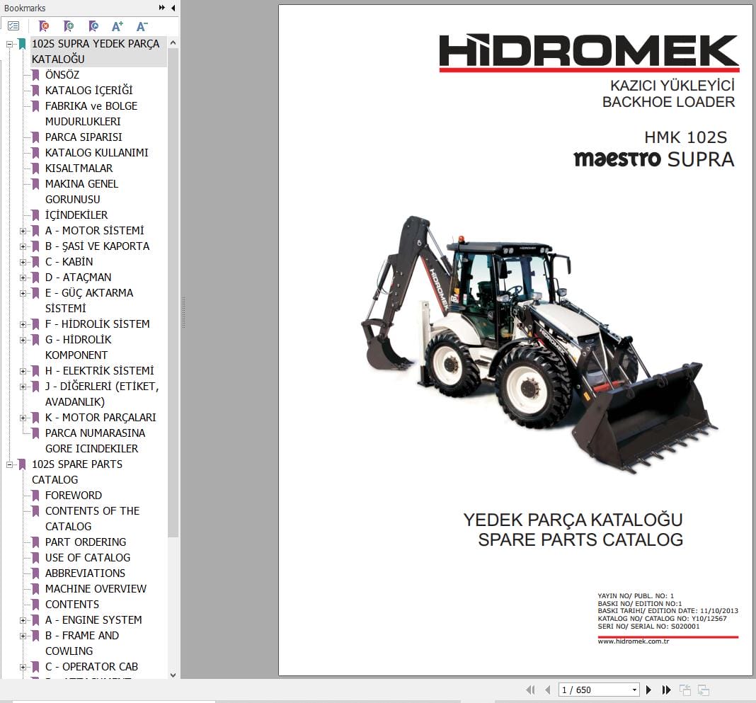 Hidromek Backhoe Loader HMK 102S SUPRA Maestro Parts Catalog Y10 12567 2013 EN TR (1)