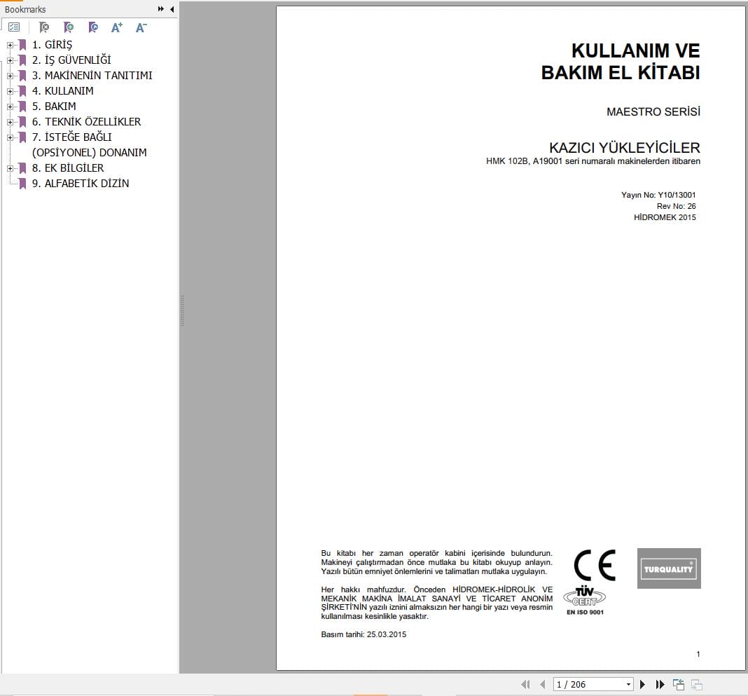 Hidromek Backhoe Loader Maestro Series Operation Maintenance Manual Y10 13001 TR (1)