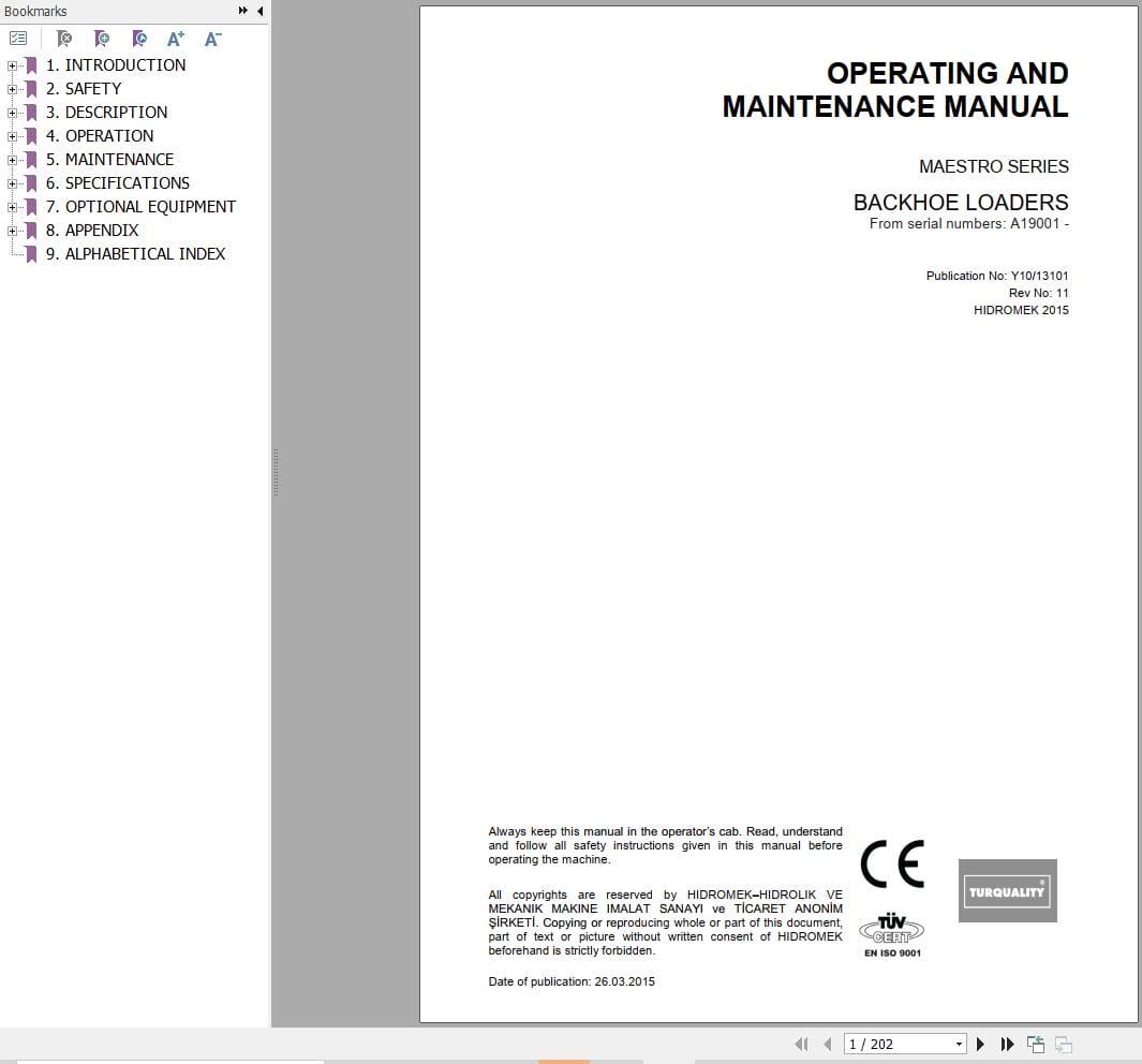 Hidromek Backhoe Loader Maestro Series Operation Maintenance Manual Y10 13101 (1)