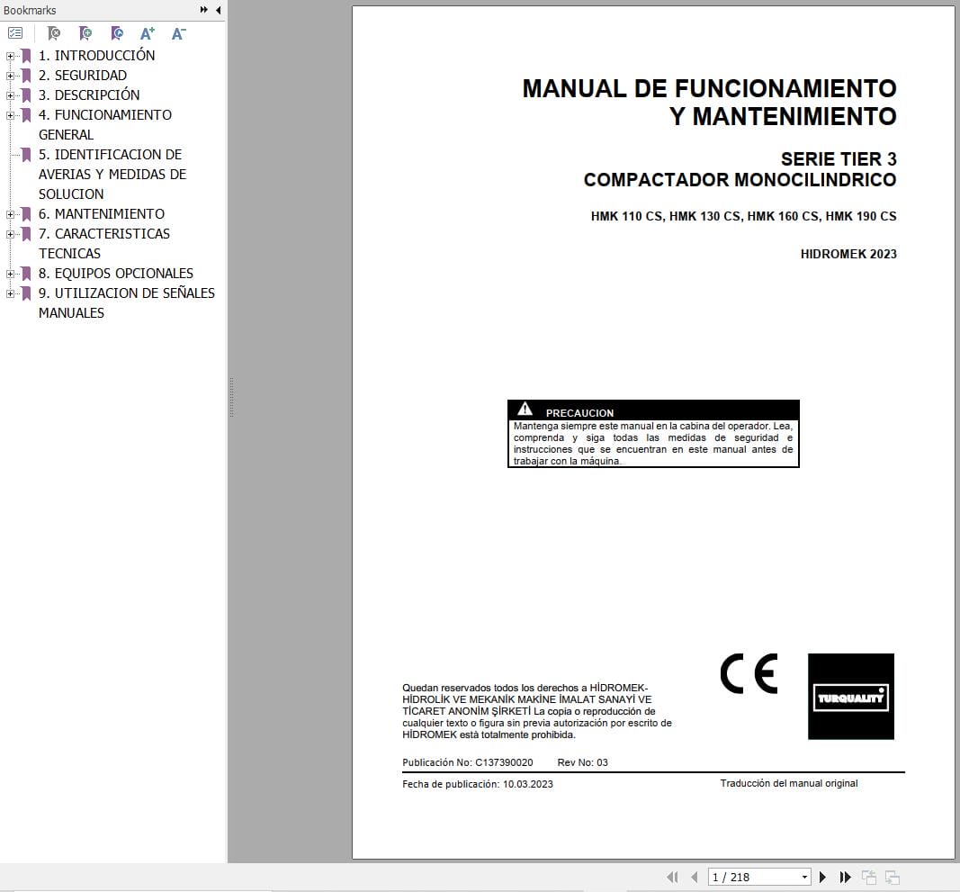 Hidromek Compactor HMK110CS to HMK190CS Operation Maintenance Manual C137390020 ES (1)