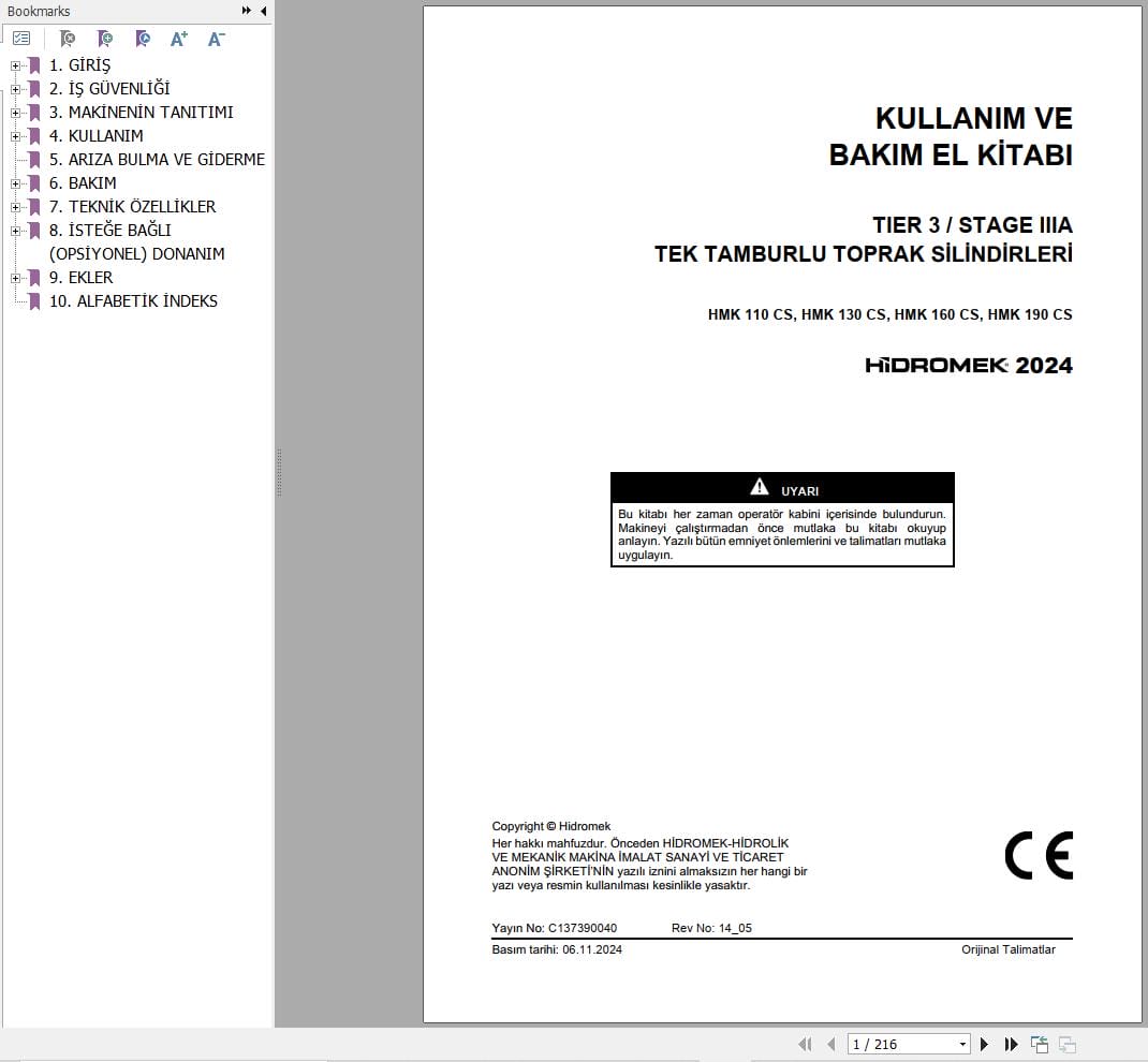 Hidromek Compactor HMK110CS to HMK190CS Operation Maintenance Manual C137390040 TR (1)