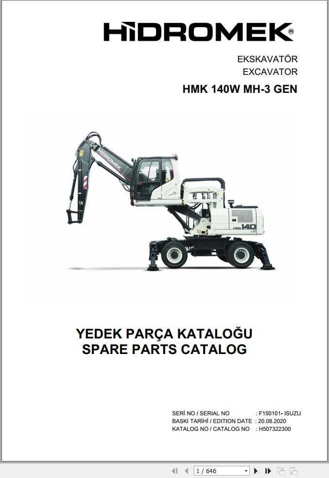 Hidromek Excavator HMK 140W MH 3 GEN Parts Catalog H507322300 2020 EN TR (1)