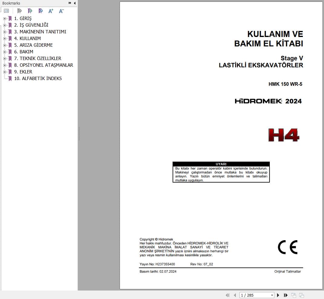 Hidromek Excavator HMK 150 WR 5 Operation Maintenance Manual H237355400 TR (1)