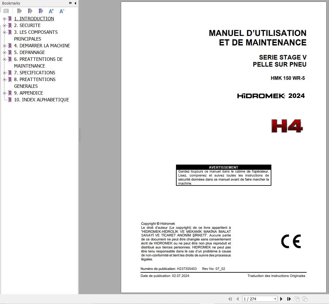Hidromek Excavator HMK 150 WR 5 Operation Maintenance Manual H237355403 FR (1)