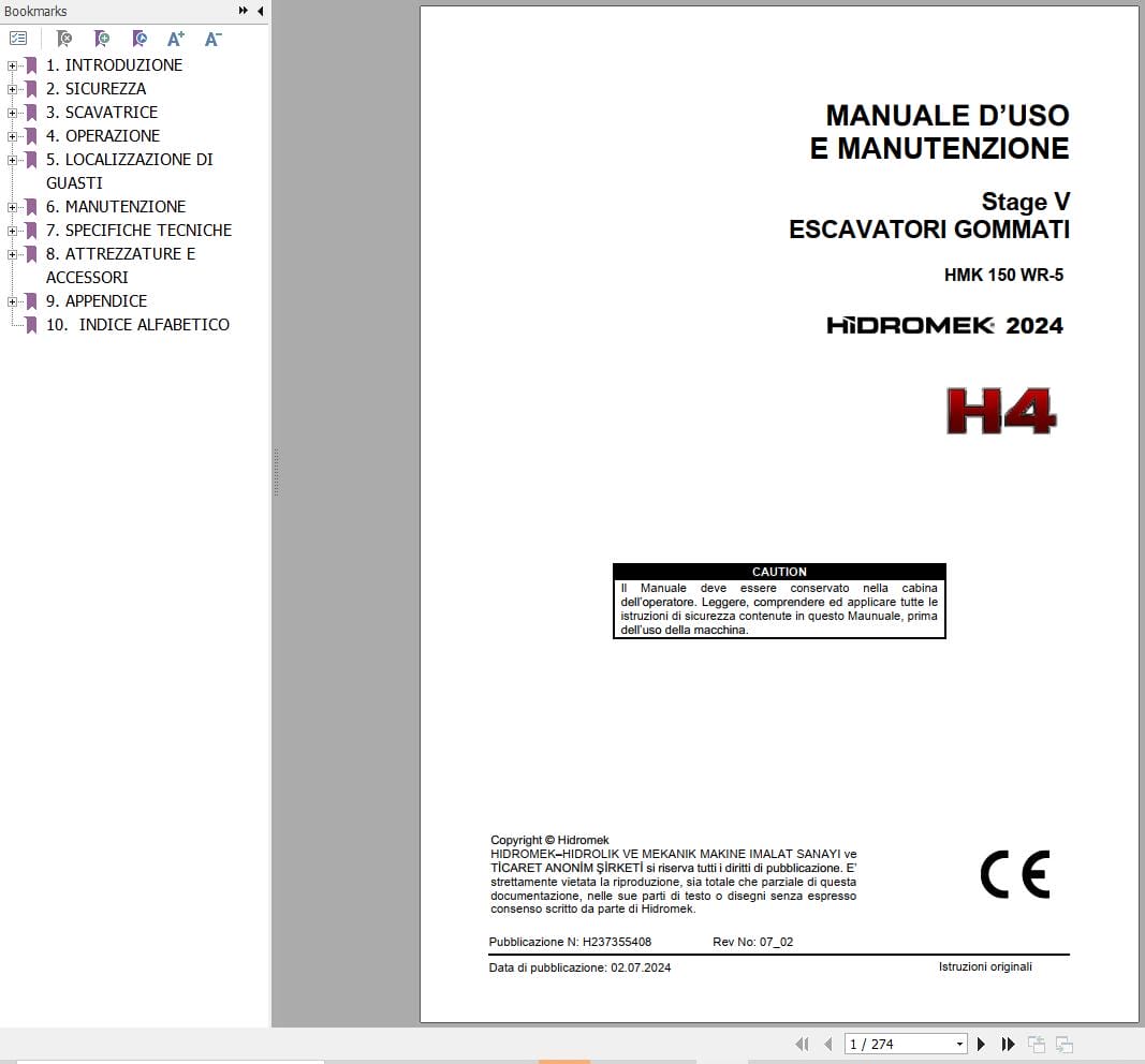 Hidromek Excavator HMK 150 WR 5 Operation Maintenance Manual H237355408 IT (1)