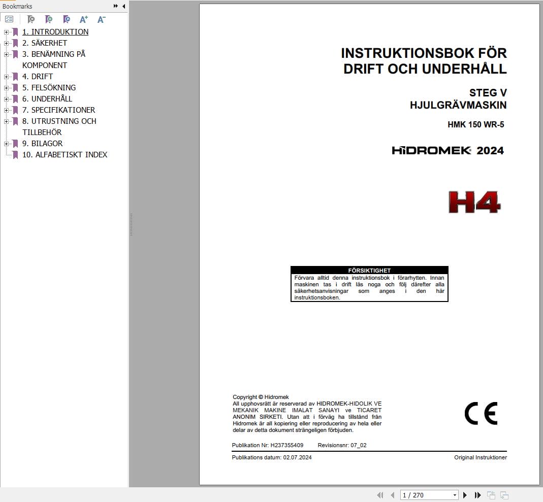 Hidromek Excavator HMK 150 WR 5 Operation Maintenance Manual H237355409 SV (1)