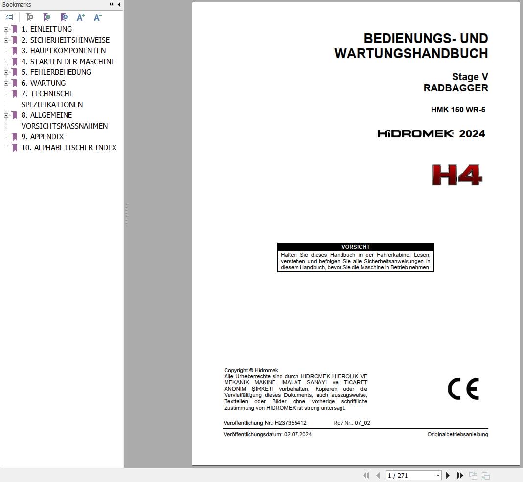 Hidromek Excavator HMK 150 WR 5 Operation Maintenance Manual H237355412 DE (1)