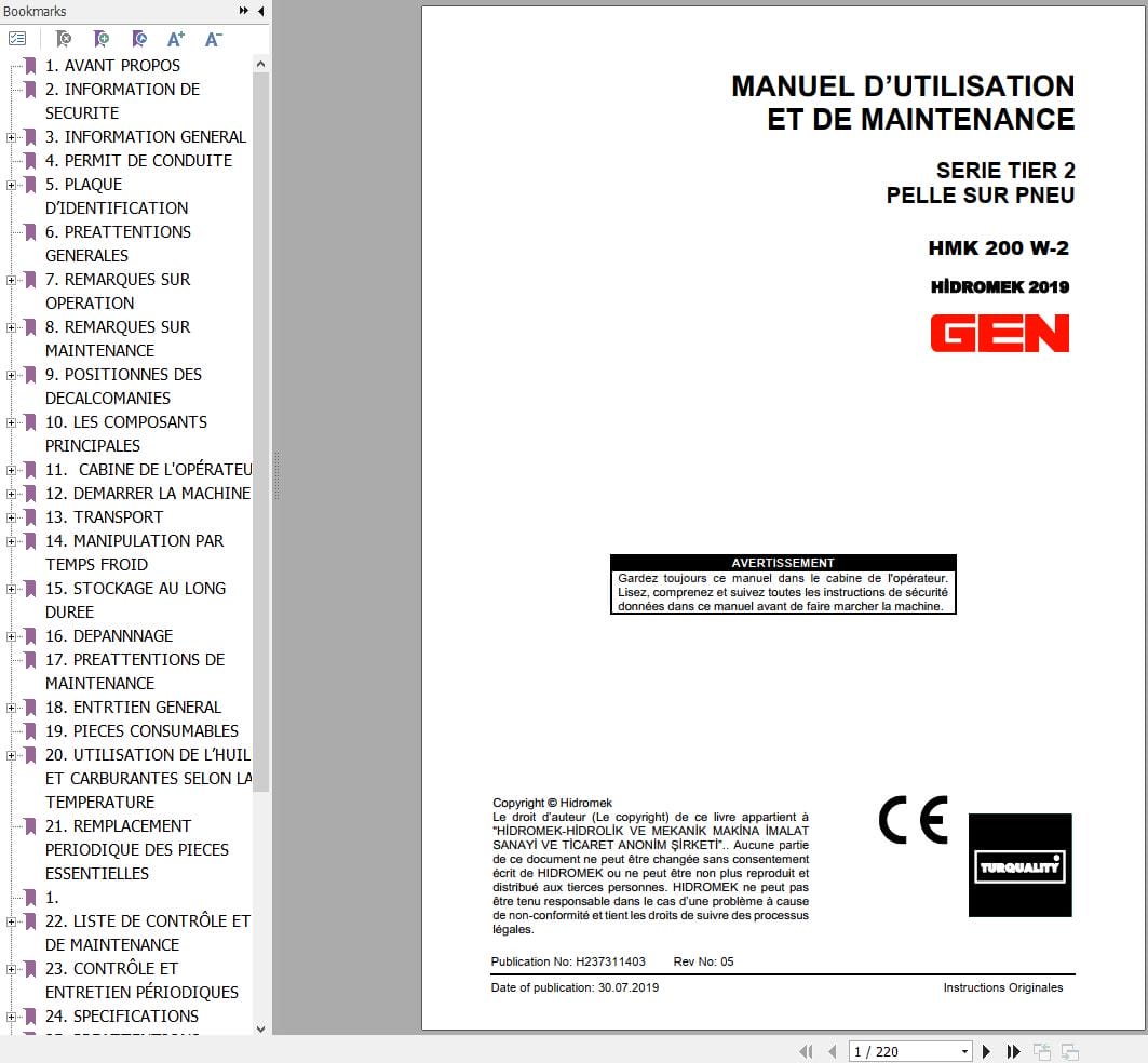 Hidromek Excavator HMK 200 W 2 Operation Maintenance Manual H237311403 FR (1)