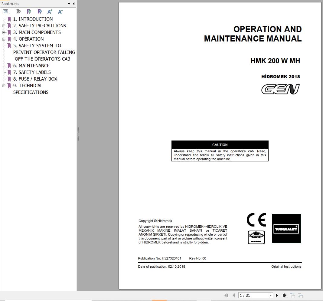 Hidromek Excavator HMK 200 W MH Operation Maintenance Manual (1)