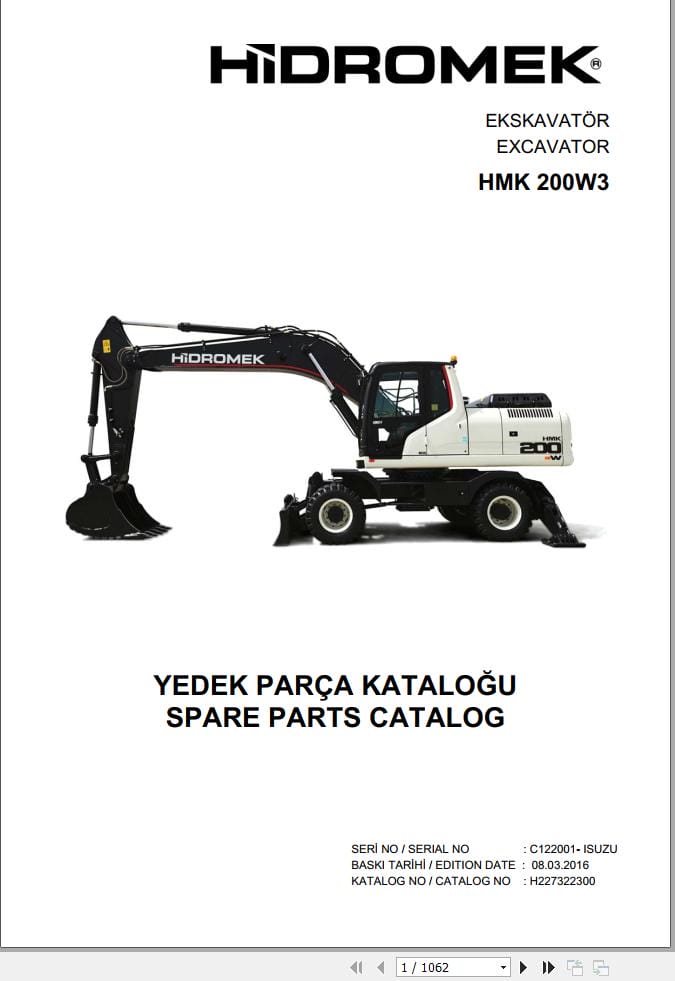 Hidromek Excavator HMK 200W3 MH Parts Catalog H227322300 2016 EN TR (1)