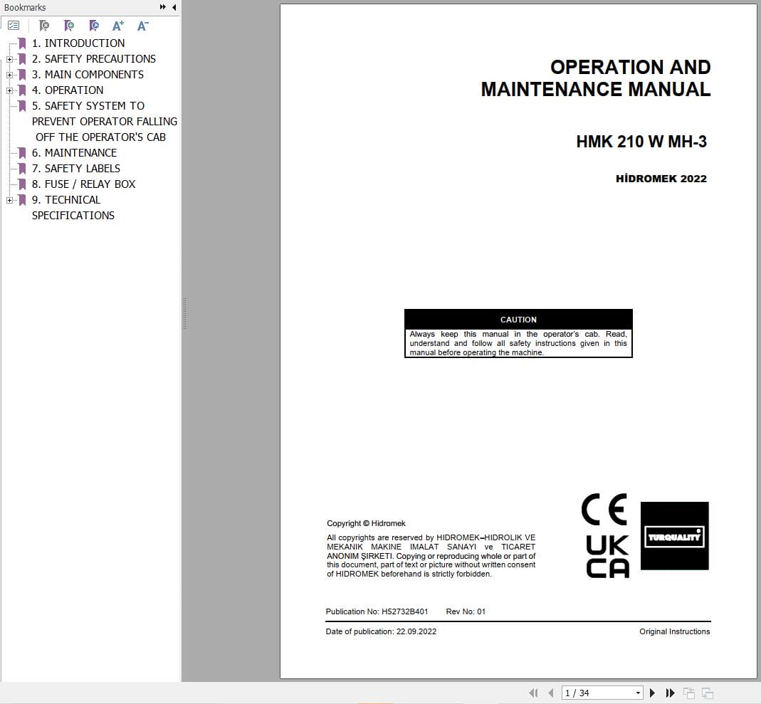 Hidromek Excavator HMK 210 W MH 3 Operation Maintenance Manual H52732B401 EN (1)
