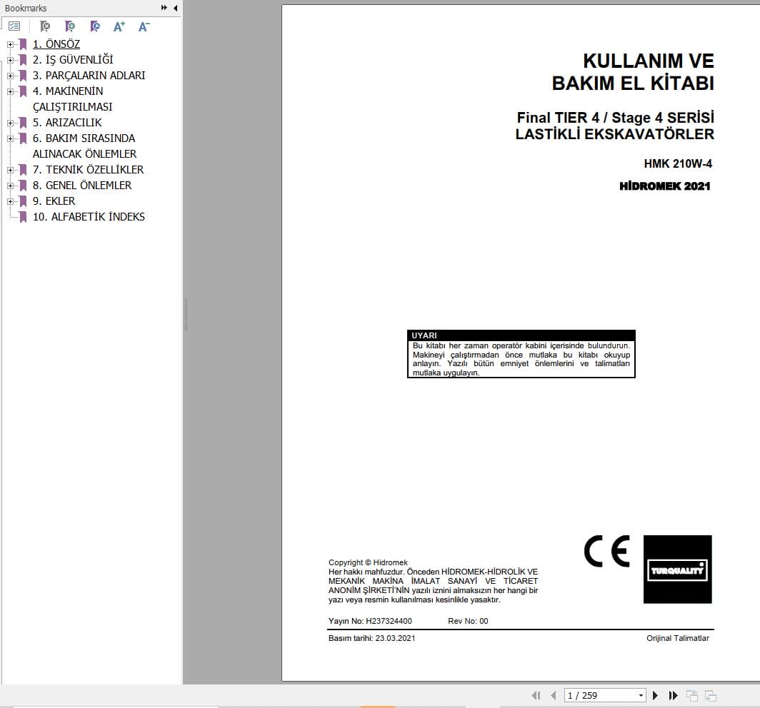 Hidromek Excavator HMK 210W 4 Operation Maintenance Manual H237324400 TR (1)