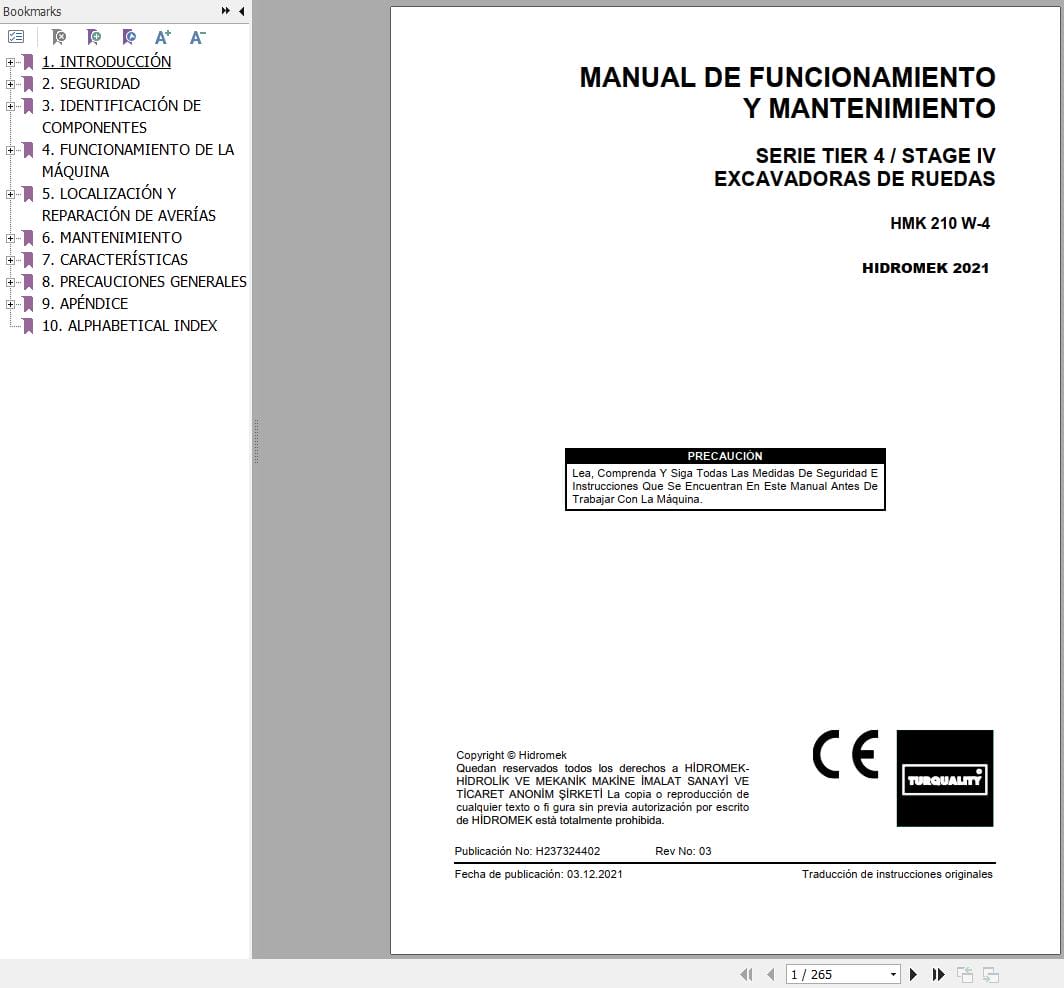 Hidromek Excavator HMK 210W 4 Operation Maintenance Manual H237324402 ES (1)