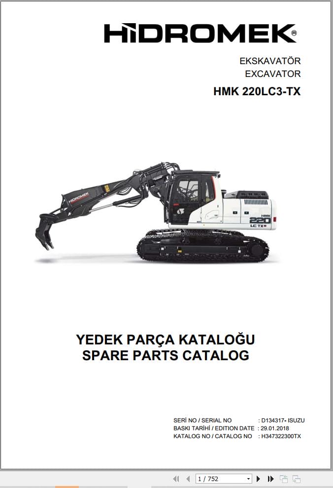 Hidromek Excavator HMK 220LC3 TX Parts Catalog H347322300TX 2018 EN TR (1)