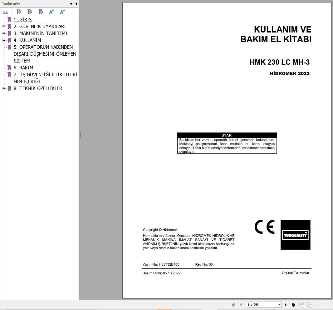 Hidromek Excavator HMK 230 LC MH 3 Operation Maintenance Manual H55732B400 TR (1)