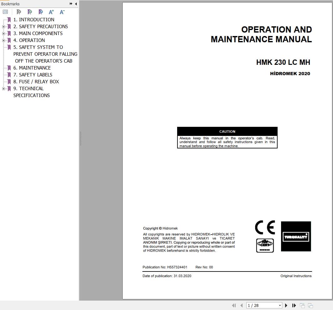 Hidromek Excavator HMK 230 LC MH Operation Maintenance Manual H557324401 EN (1)