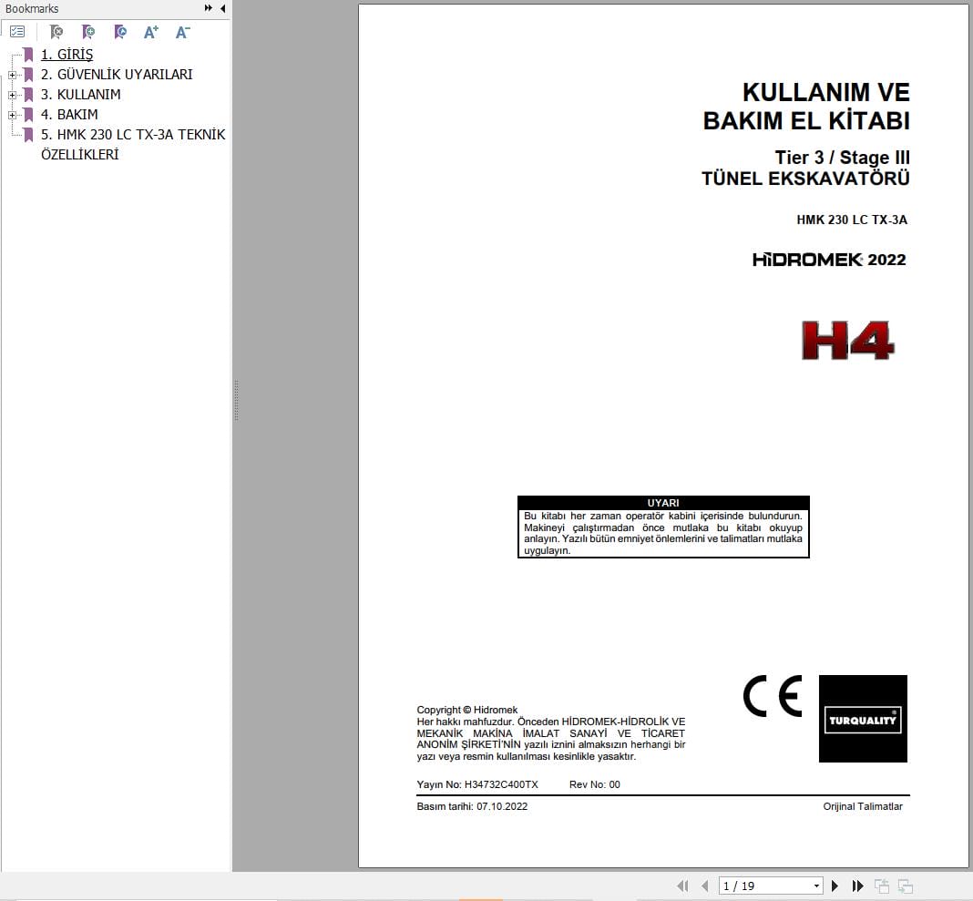 Hidromek Excavator HMK 230 LC TX 3A Operation Maintenance Manual H34732C400TX TR (1)