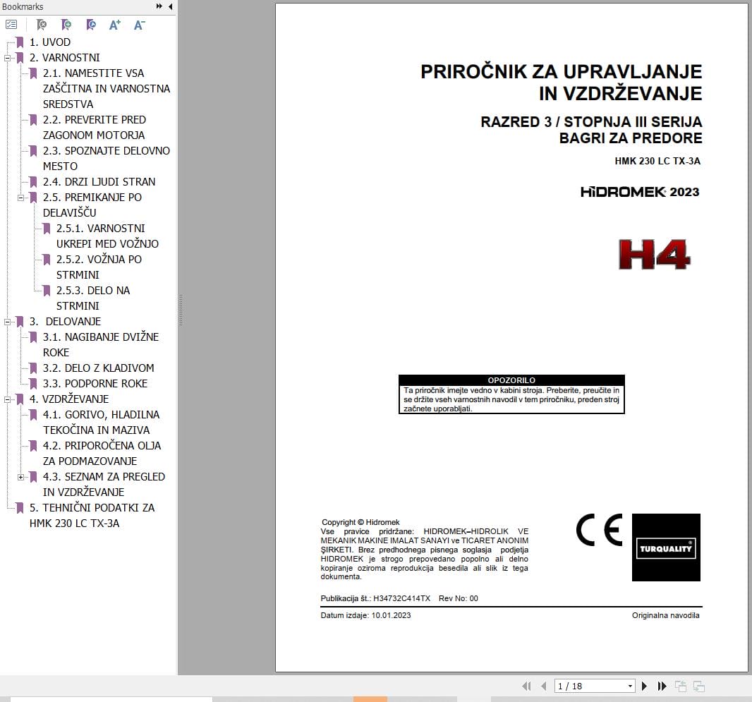 Hidromek Excavator HMK 230 LC TX 3A Operation Maintenance Manual H34732C414TX SL (1)