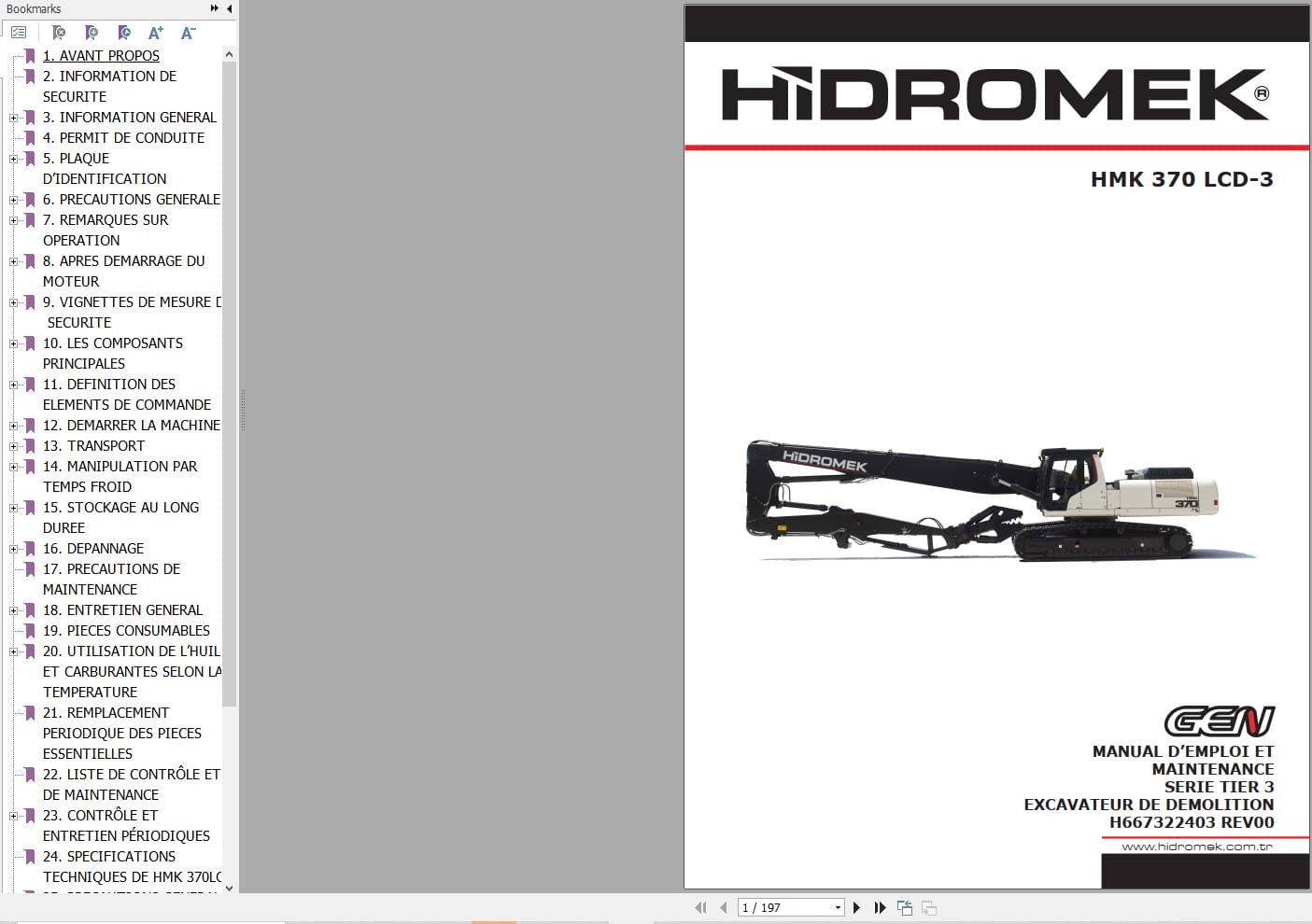 Hidromek Excavator HMK 370 LCD 3 Operation Maintenance Manual H667322403 FR (1)