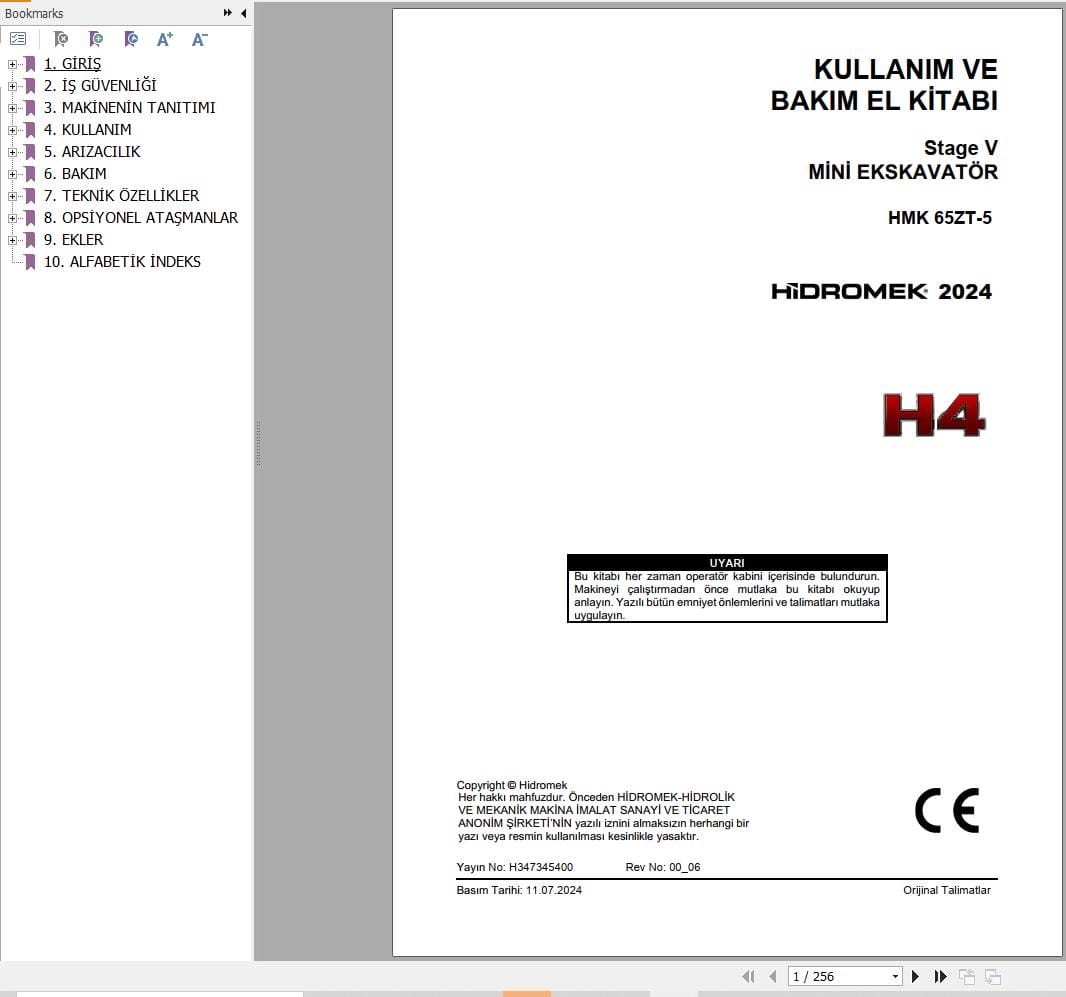 Hidromek Excavator HMK 65ZT 5 Operation Maintenance Manual H347345400 TR (1)