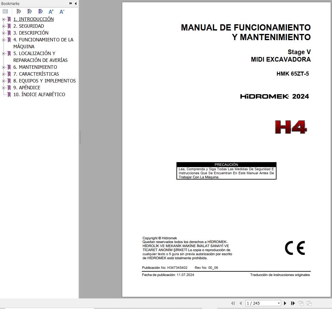 Hidromek Excavator HMK 65ZT 5 Operation Maintenance Manual H347345402 ES (1)