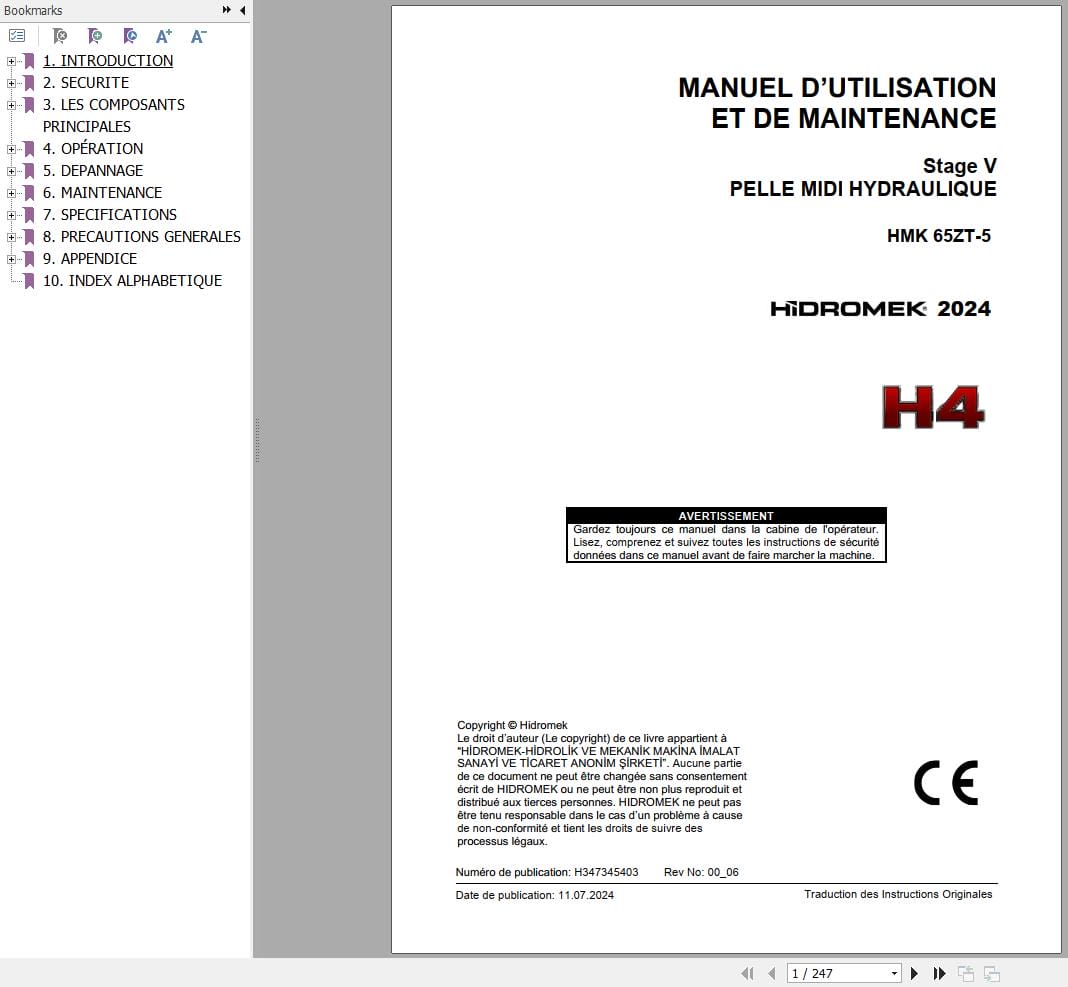 Hidromek Excavator HMK 65ZT 5 Operation Maintenance Manual H347345403 FR (1)