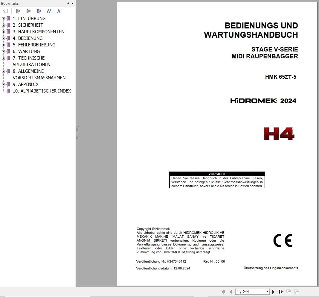 Hidromek Excavator HMK 65ZT 5 Operation Maintenance Manual H347345412 DE (1)