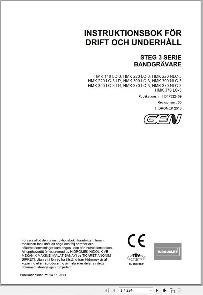 Hidromek Excavator HMK140LC 3 to HMK370LC 3 Operation Maintenance Manual H347322409 SV (1)