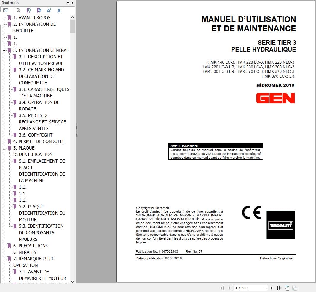 Hidromek Excavator HMK140LC 3 to HMK370LC 3LR Operation Maintenance Manual H347322403 FR (1)