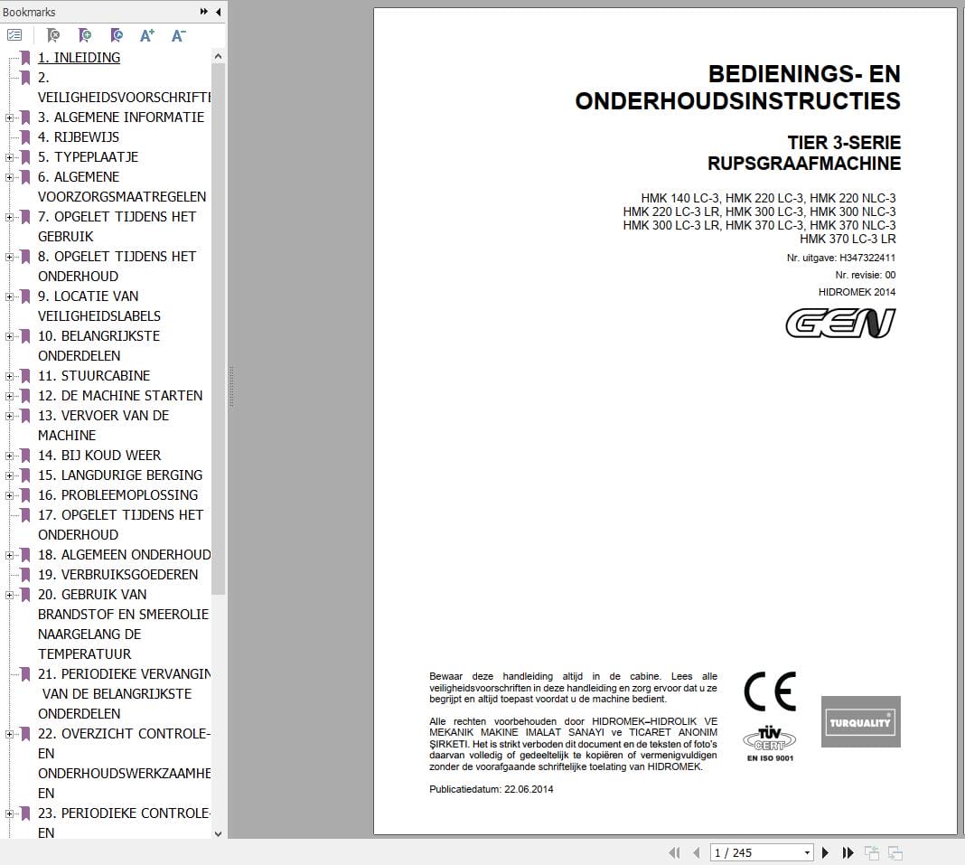 Hidromek Excavator HMK140LC 3 to HMK370LC 3LR Operation Maintenance Manual H347322411 NL (1)