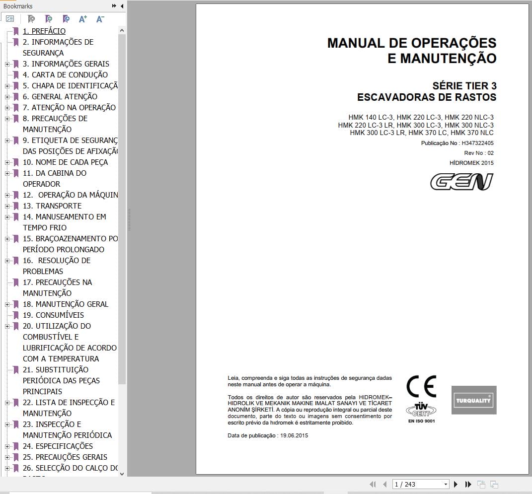 Hidromek Excavator HMK140LC 3 to HMK370NLC Operation Maintenance Manual H347322405 PT (1)