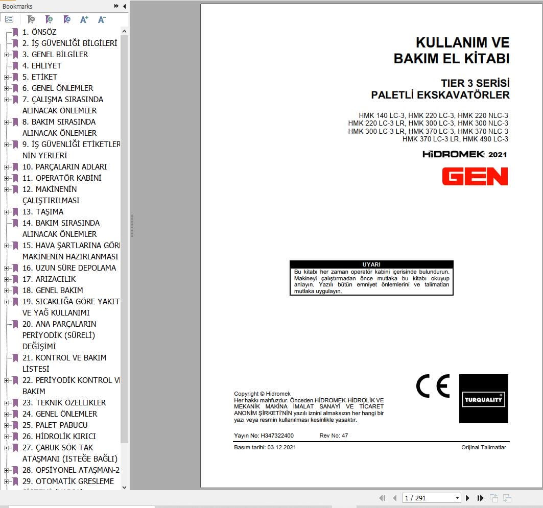 Hidromek Excavator HMK140LC 3 to HMK490LC 3 Operation Maintenance Manual H347322400 TR (1)