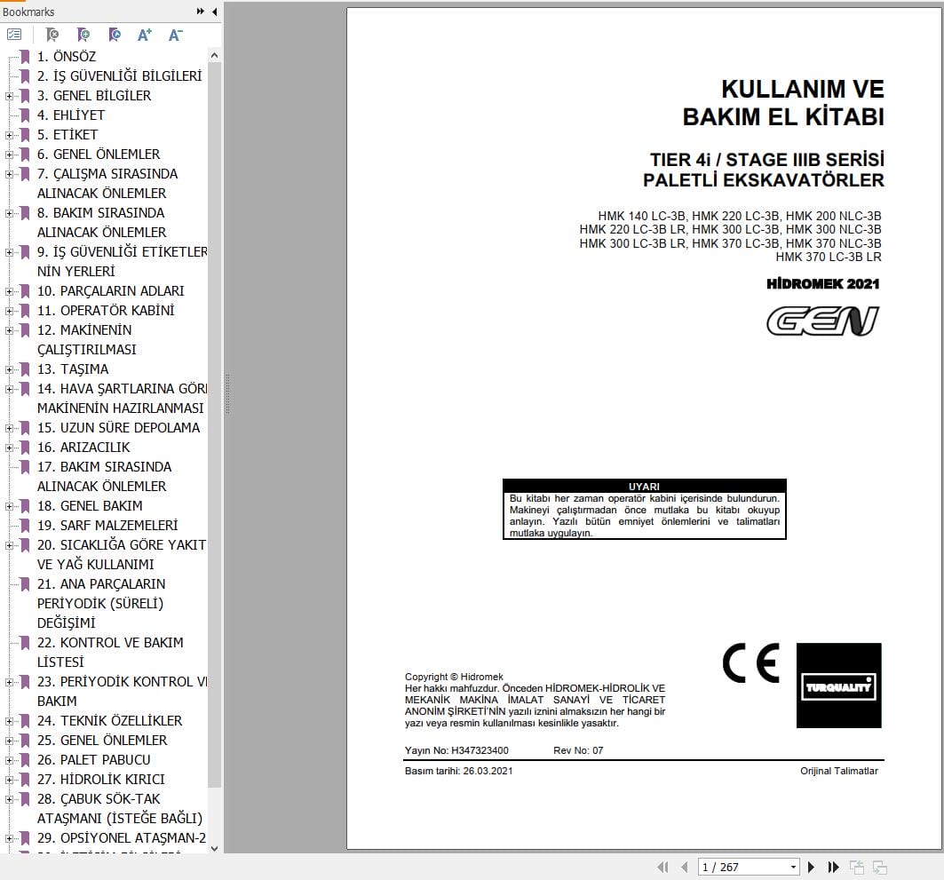 Hidromek Excavator HMK140LC 3B to HMK370LC 3BLR Operation Maintenance Manual H347323400 TR (1)