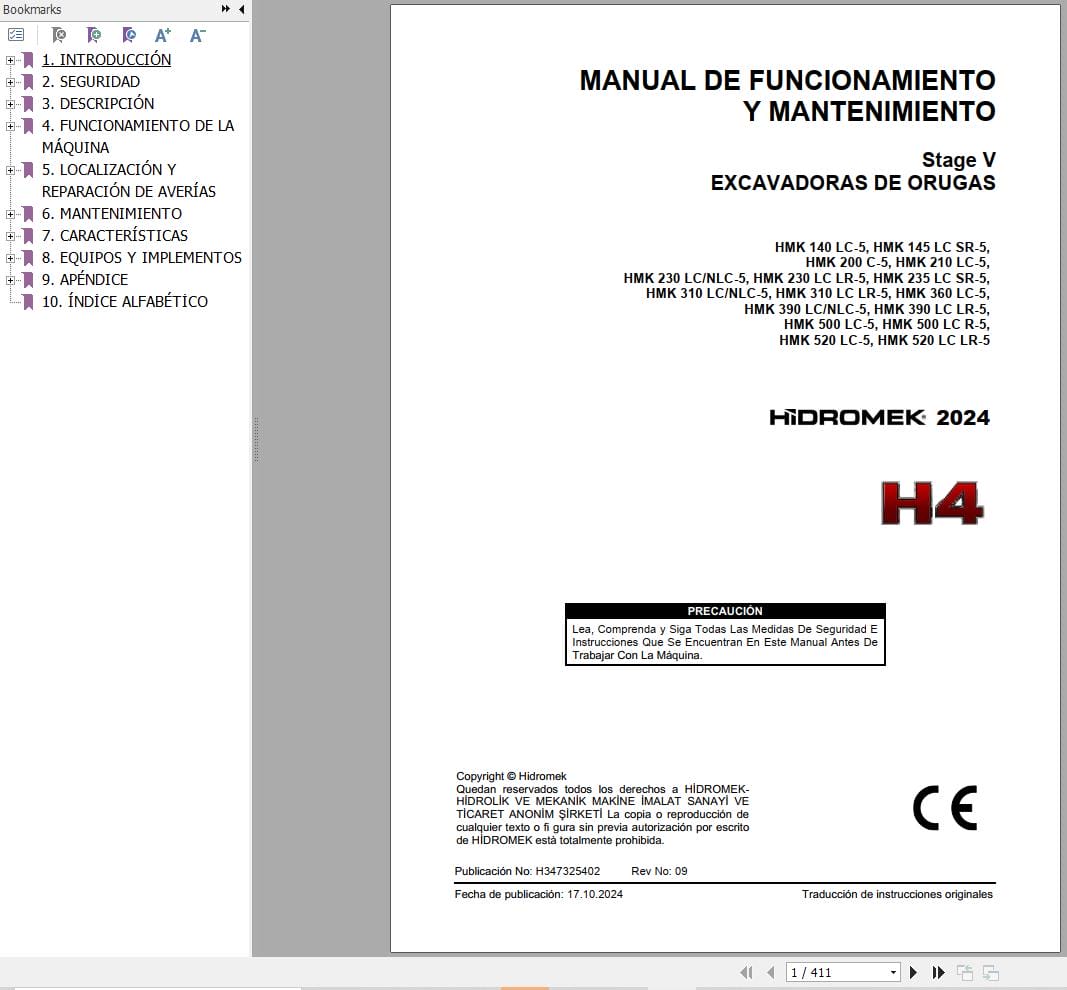 Hidromek Excavator HMK140LC 5 to HMK520LCLR 5 Operation Maintenance Manual H347325402 ES (1)