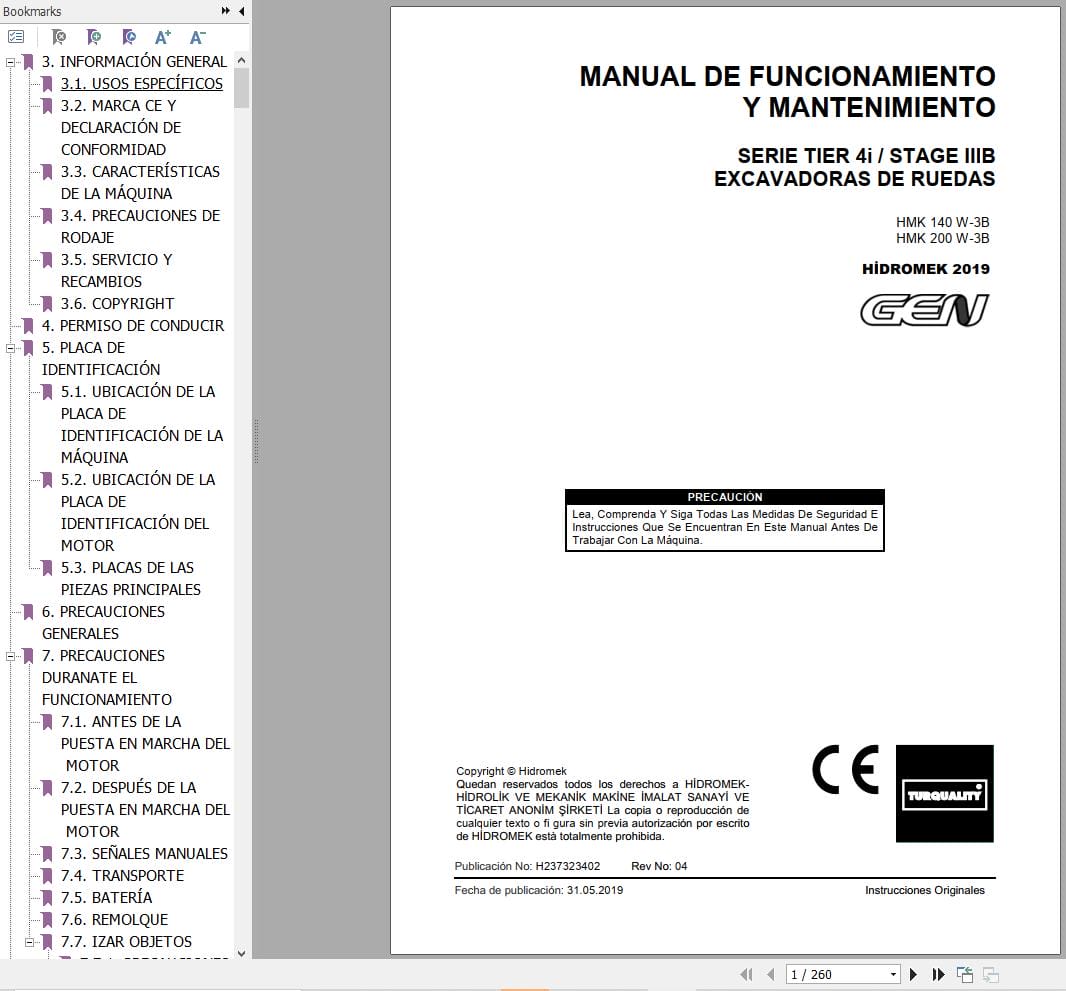 Hidromek Excavator HMK140W 3B HMK200W 3B Operation Maintenance Manual H237323402 ES (1)