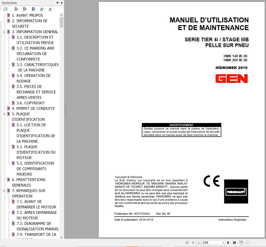 Hidromek Excavator HMK140W 3B HMK200W 3B Operation Maintenance Manual H237323403 FR (1)