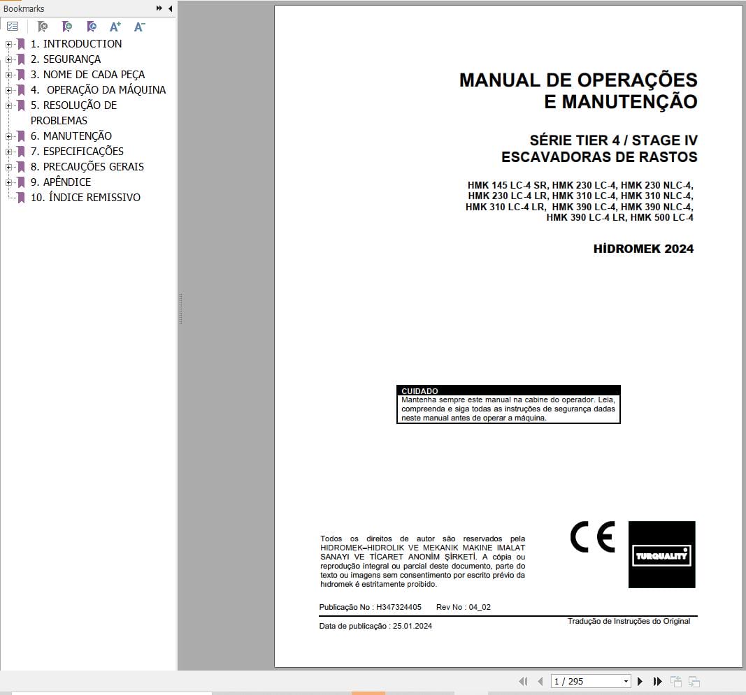 Hidromek Excavator HMK145LC 4SR to HMK500LC 4 Operation Maintenance Manual H347324405 PT (1)