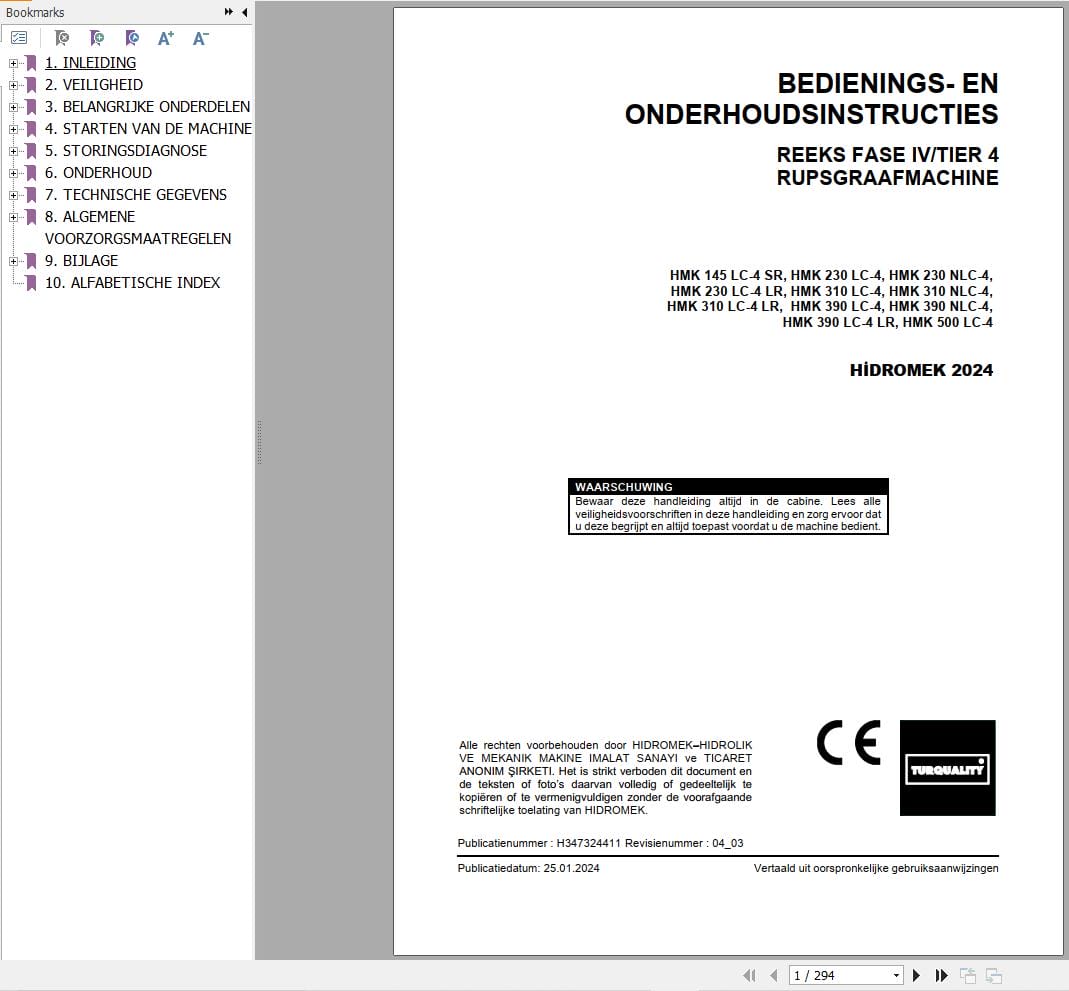 Hidromek Excavator HMK145LC 4SR to HMK500LC 4 Operation Maintenance Manual H347324411 NL (1)