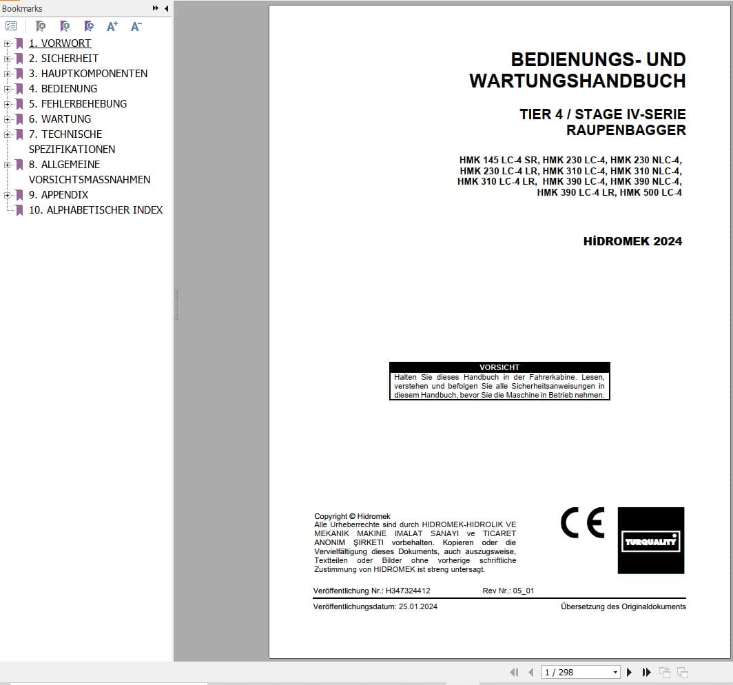 Hidromek Excavator HMK145LC 4SR to HMK500LC 4 Operation Maintenance Manual H347324412 DE (1)