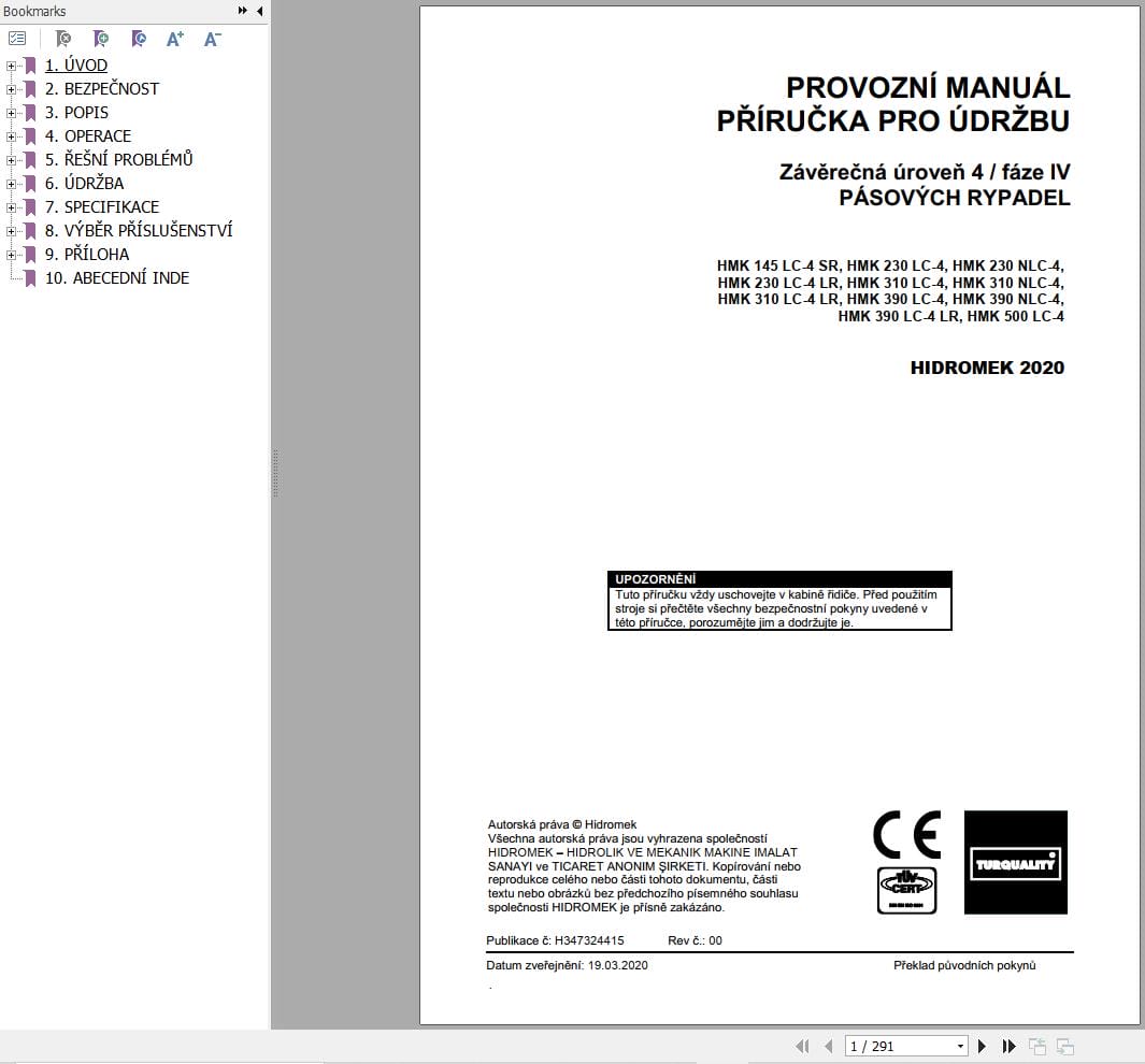 Hidromek Excavator HMK145LC 4SR to HMK500LC 4 Operation Maintenance Manual H347324415 CS (1)
