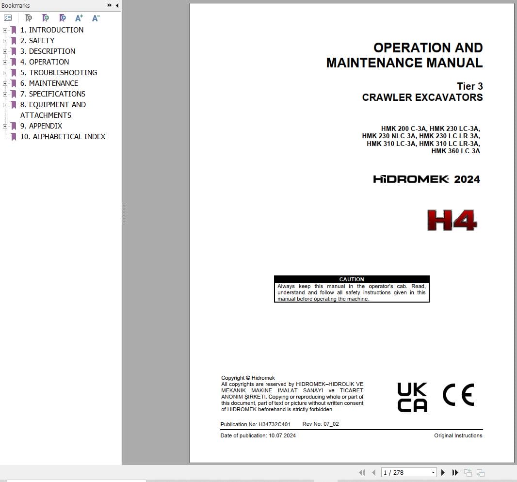 Hidromek Excavator HMK200C 3A to HMK360LC 3A Operation Maintenance Manual H34732C401 EN (1)