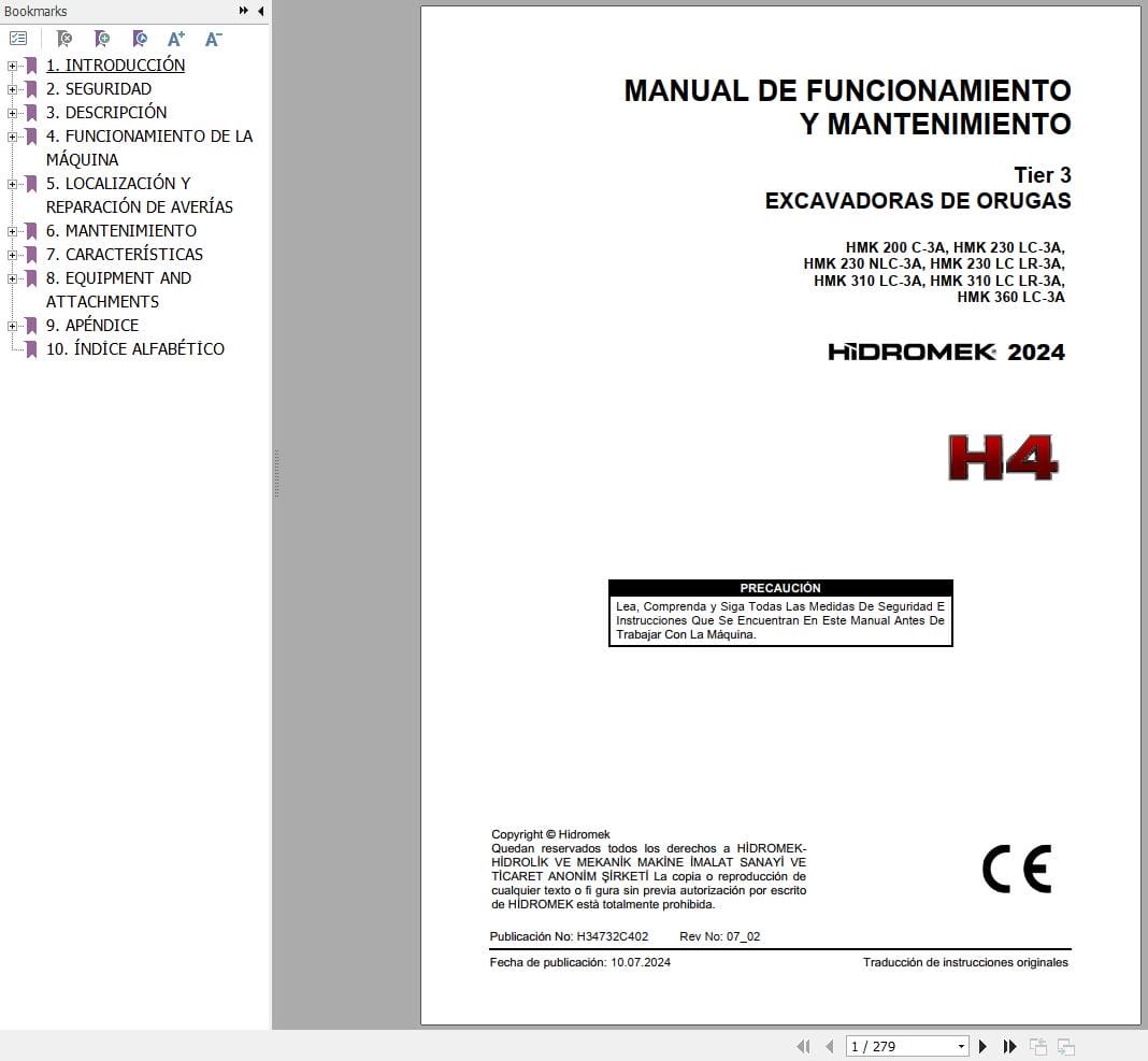 Hidromek Excavator HMK200C 3A to HMK360LC 3A Operation Maintenance Manual H34732C402 ES (1)