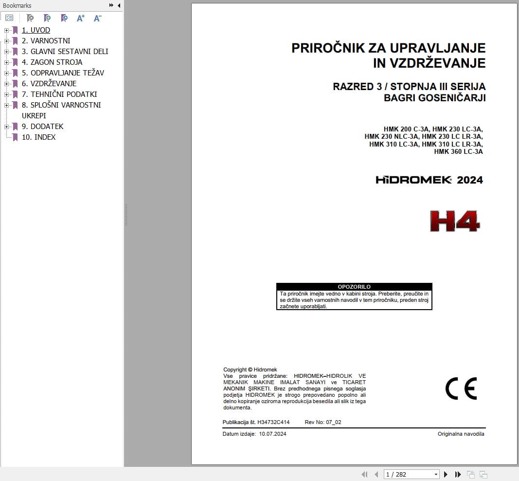 Hidromek Excavator HMK200C 3A to HMK360LC 3A Operation Maintenance Manual H34732C414 SL (1)