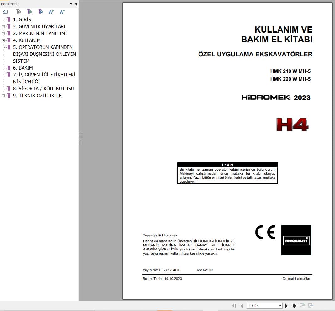 Hidromek Excavator HMK210WMH 5 HMK220WMH 5 Operation Maintenance Manual H527325400 TR (1)