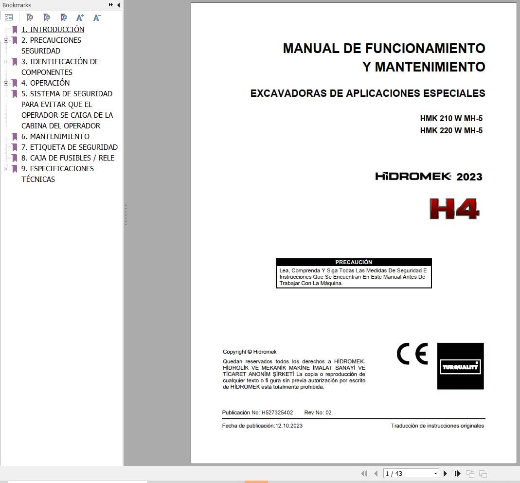 Hidromek Excavator HMK210WMH 5 HMK220WMH 5 Operation Maintenance Manual H527325402 ES (1)